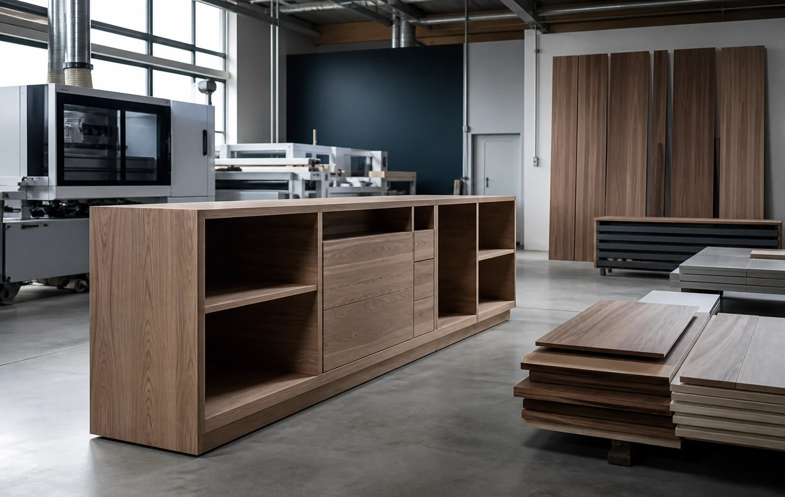 Moderne Tischlerei-Werkstatt mit maßgefertigtem Möbel und Holzplatten