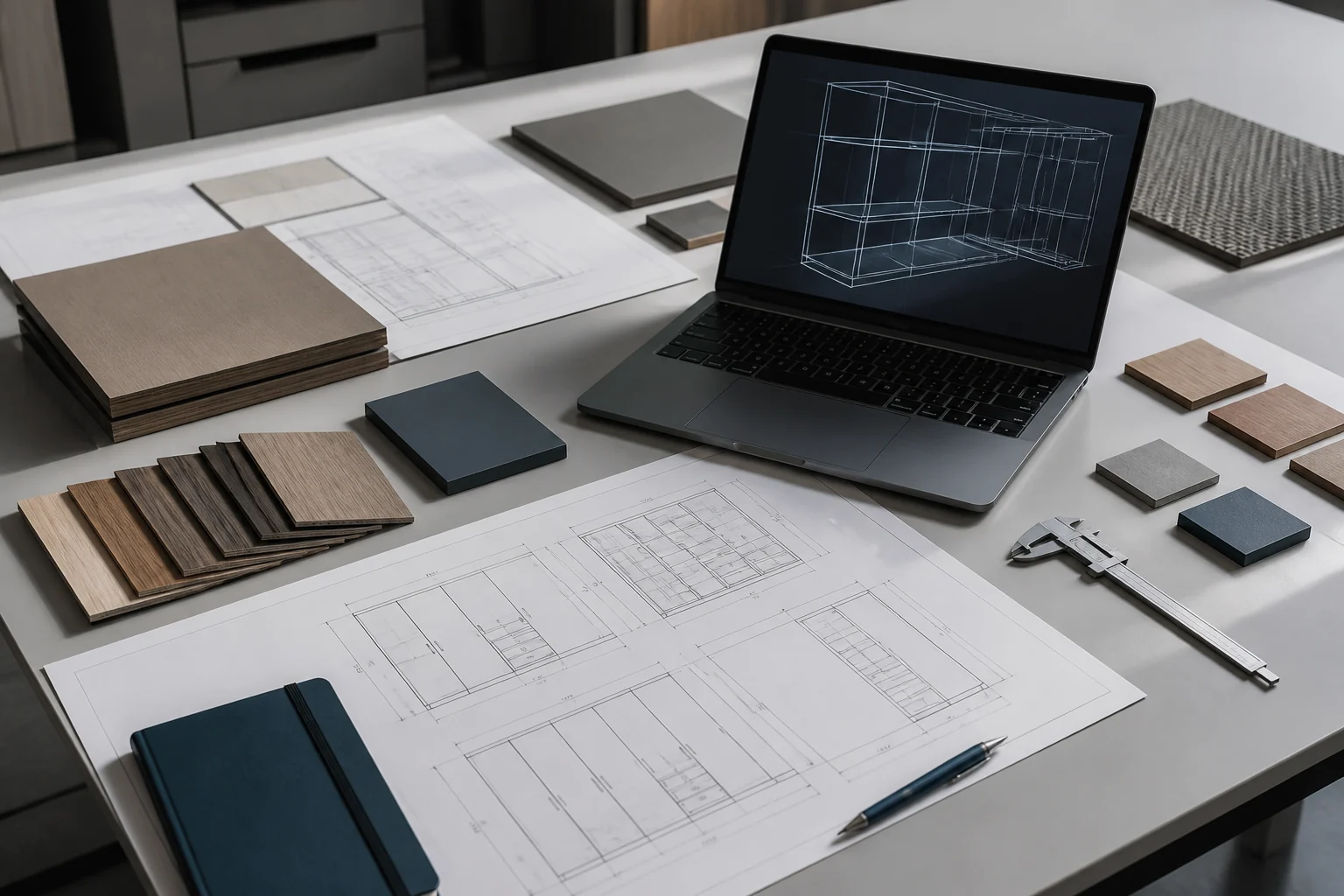 Technische Möbelplanung mit Zeichnungen, CAD-Modell und Materialmustern